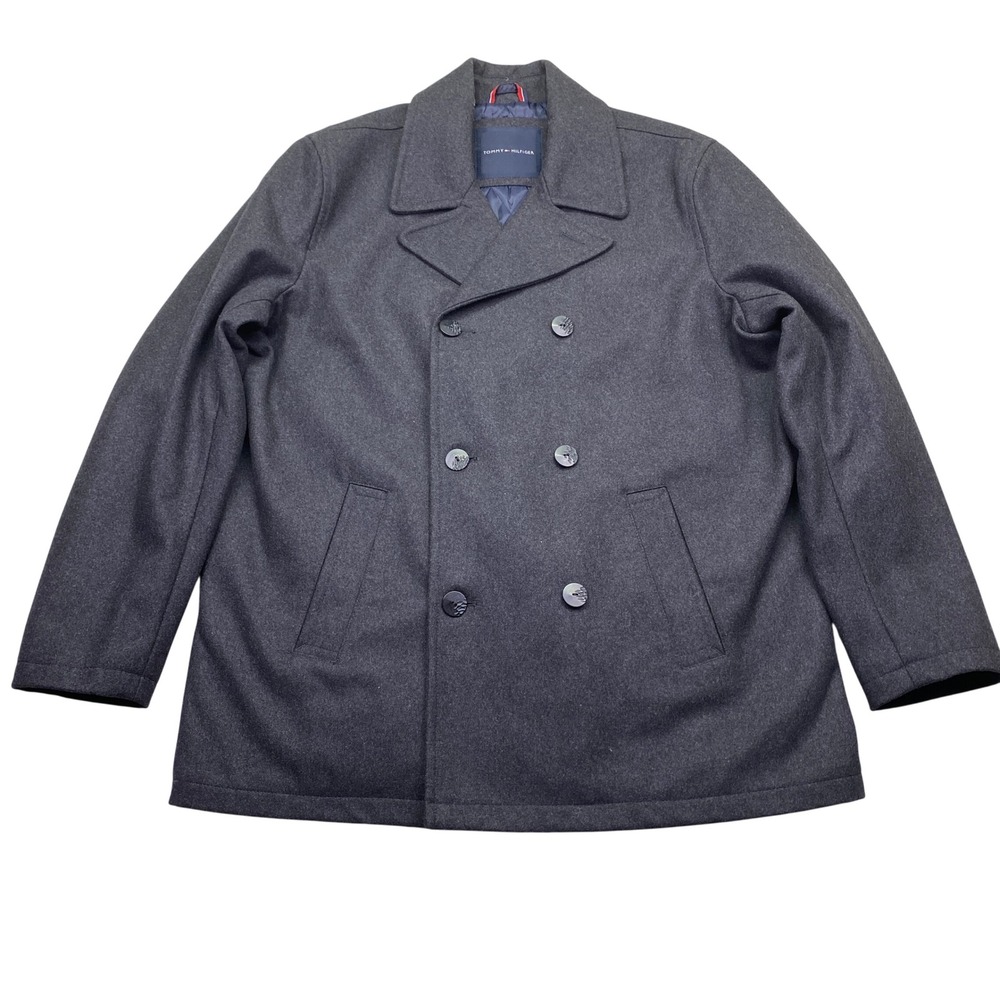 Tommy Hilfiger Mens XL Pea Coat Charcoal Gray Wool Blend Double Breasted Jacket